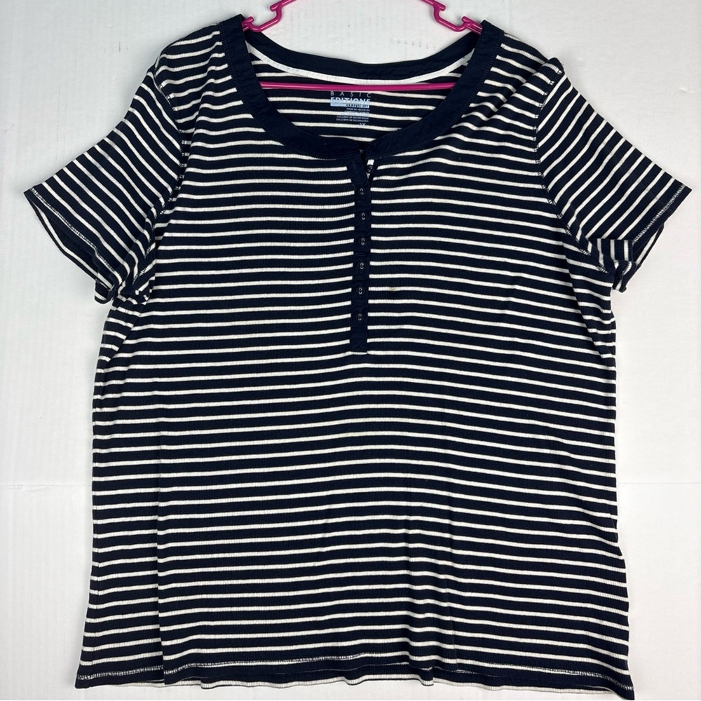 Basic Edition Women's 2X Shirt Blue White Stripe Classic Fit Ribbed Short Sleeve